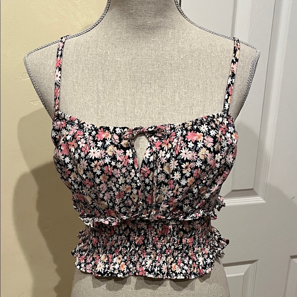 Wild Fable Floral Smocked Crop Top - Pink and Black